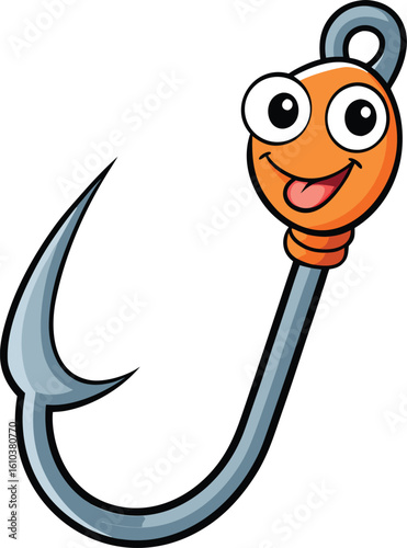 A smiling cartoon fish hook, featuring a whimsical and inviting expression
