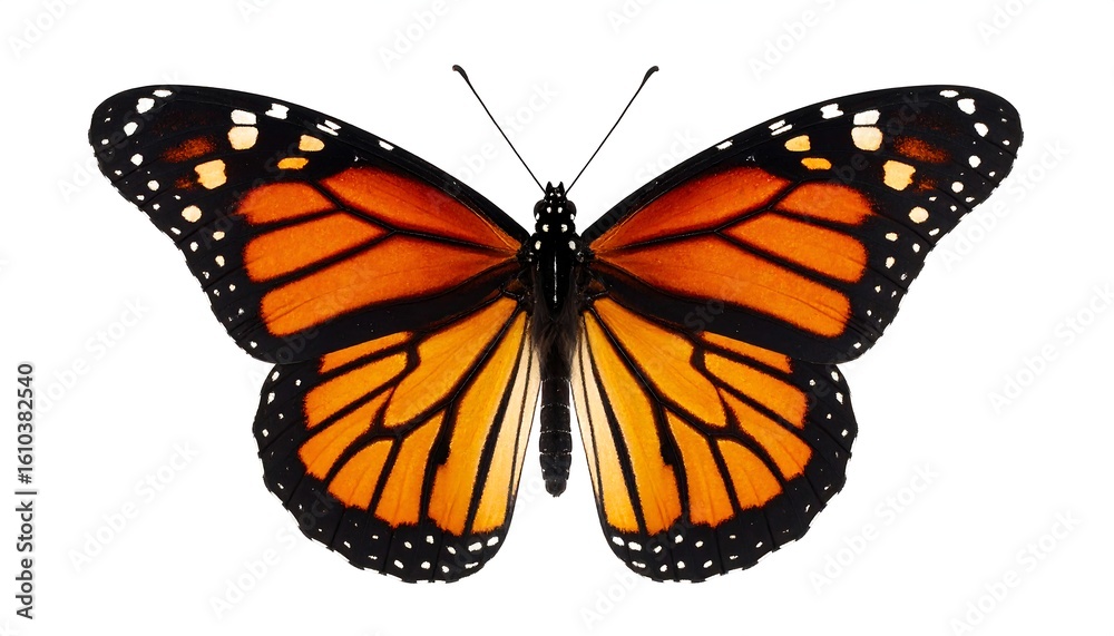 Fototapeta premium A monarch butterfly with vibrant orange and black wings, displayed against a stark white background
