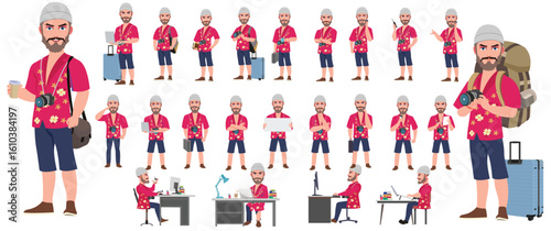 Traveler character model sheet, Character poses, expressions, Walk cycle, Run cycle animated character sequences.