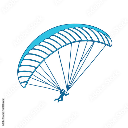 A blue paraglider with a person isolated on a white background view