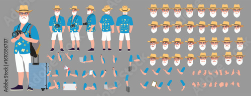 Traveler character model sheet, Character poses, expressions, Walk cycle, Run cycle animated character sequences.