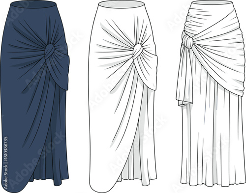 Front knot skirts collection, draped design, elegant fashion, white and navy styles, textile fold details, trendy outfit inspiration, minimalist wardrobe