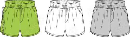 Men’s shorts illustration, green white gray color, drawstring waistband, pocket detail, relaxed fit, stitching design, fashion sketch, apparel concept