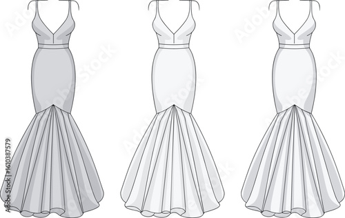 Mermaid-style dress illustration, fitted bodice, layered skirt, V-neckline design, elegant fashion sketch, white and gray garment artwork, runway inspiration