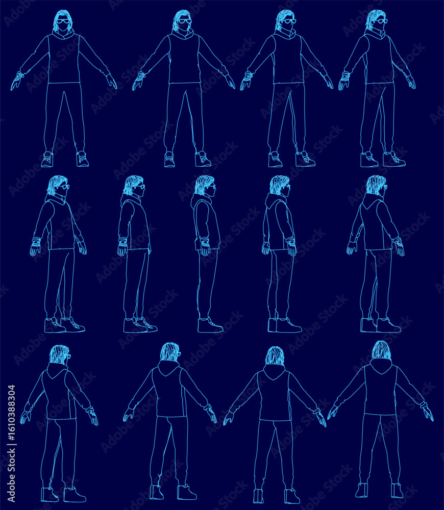 A man wearing glasses is depicted in multiple silhouettes against a blue background, demonstrating proper face mask usage. The clean contour outlines highlight different poses for clear visual. A man wearing glasses is depicted in multiple silhouettes against a blue background, demonstrating proper face mask usage. The clean contour outlines highlight different poses for clear visual.