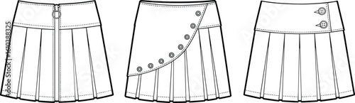 Pleated skirt designs, zipper detail, flap closure, wide waistband, fashion sketch, garment illustration, button accent, stylish clothing concept