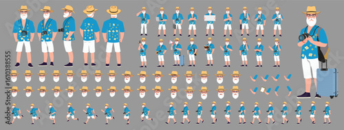 Traveler character model sheet, Character poses, expressions, Walk cycle, Run cycle animated character sequences.