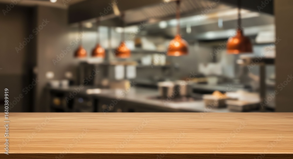 Empty Wooden Countertop in Modern Restaurant Kitchen with Copper Pendant Lights Empty Wooden Countertop in Modern Restaurant Kitchen with Copper Pendant Lights