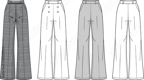 Wide-legged pants collection, high waist, belt loop styles, plaid and button details, fashion illustration, garment design, trendy unisex clothing