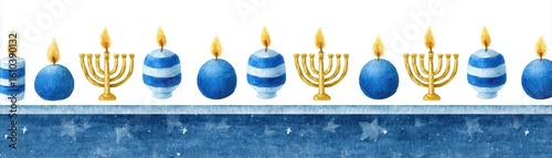 A festive border featuring blue candles and menorahs, perfect for the holiday season. The menorahs and candles are arranged in a row