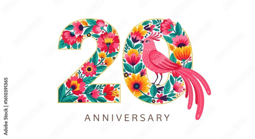 Fototapeta premium Vibrant floral number twenty with gold outline, pink bird, and 'Anniversary' text