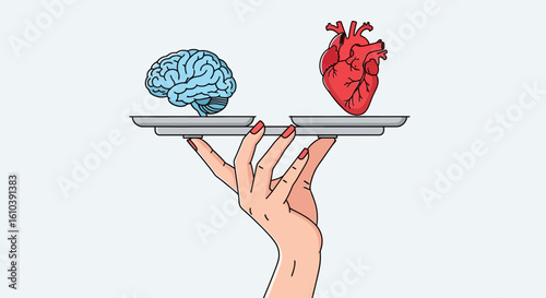 A woman's hand holding a scale, balancing a blue brain representing logic and a red heart symbolizing emotion.