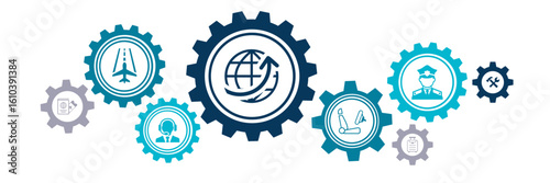 Aviation vector illustration. Blue concept with icons related to aerospace, airport terminal, airplane / airliner, airport industry & service, with no people.