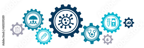vaccination or virus treatment vector illustration. Concept with connected icons related to infection vaccine, medical remedy and immunization therapy.