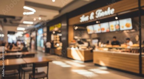 Modern Food Court with Bright Lighting and Casual Seating in Shopping Mall