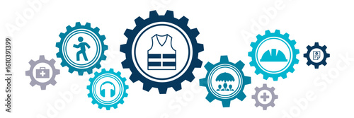 Health & safety vector illustration. Blue concept with icons related to industrial accident prevention, workplace safety training, industrial regulations, hazard warning, protective equipment. 