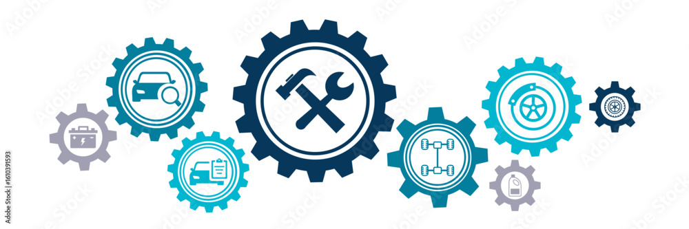 Obraz premium Car / auto repair vector illustration. Concept with icons related to car service and inspection, motor check, oil change, automotive maintenance, vehicle or automobile repair shop.