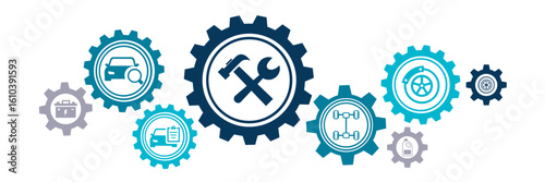 Car / auto repair vector illustration. Concept with icons related to car service and inspection, motor check, oil change, automotive maintenance, vehicle or automobile repair shop.