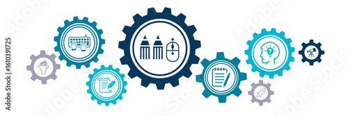 creative writing vector illustration. Concept with connected icons related to things used by an author or writer - journalism, storytelling, education, inspiration or creative creation. 