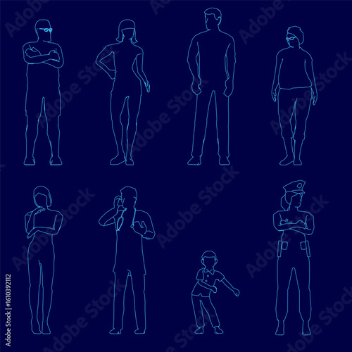 A set of low poly human silhouettes in various poses on a blue background, showcasing diverse body types. The clean vector style creates crisp contours and a modern aesthetic.