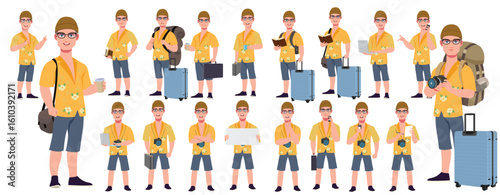 Traveler character model sheet, Character poses, expressions, Walk cycle, Run cycle animated character sequences.