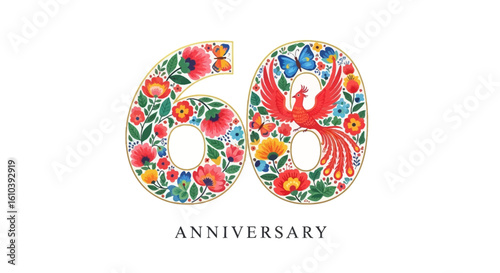 Vibrant Folk Art Style Number 60 with Floral Patterns, Phoenix, and Butterflies