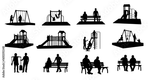 Set of black silhouettes showing people and children enjoying a park playground on swings, slides, and benches.
