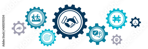 Onboarding vector illustration. Concept with icons on integrating new hire, welcome culture in company, employee satisfaction, talent retention, workforce training, job orientation & introduction.