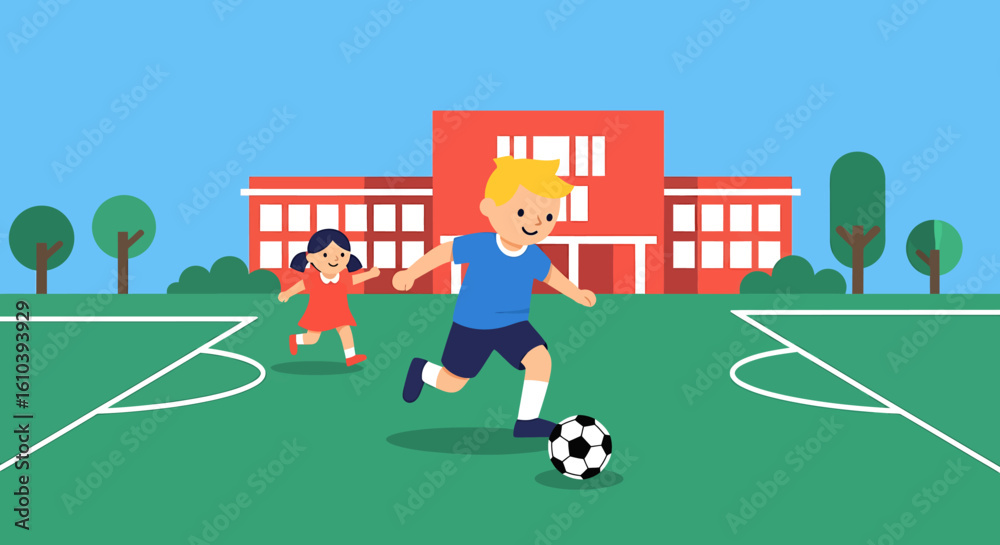 Fototapeta premium Children play soccer on sports field illustration fun outdoor activity