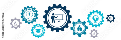 University / college vector illustration. Concept with icons on higher education, bachelor / master academic course, high school, campus or university study, graduation, scholarship, tutor / tutoring.