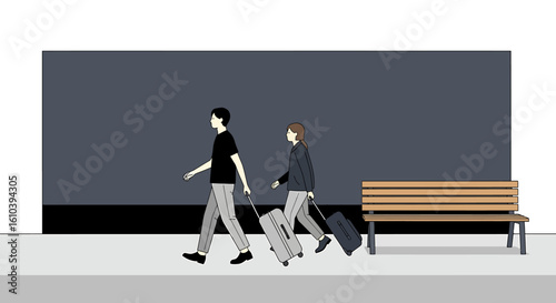 Couple traveling with luggage minimalist flat style illustration
