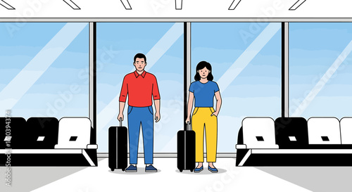Couple with luggage in airport terminal waiting for boarding illustration
