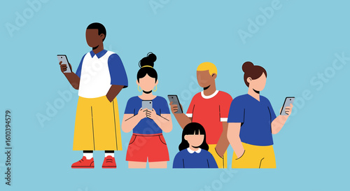 Diverse people interact with mobile devices in contemporary vector art