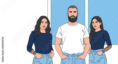 Group of three people with tattoos posing together illustration artwork