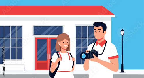 Happy couple exploring city summer travel photography illustration