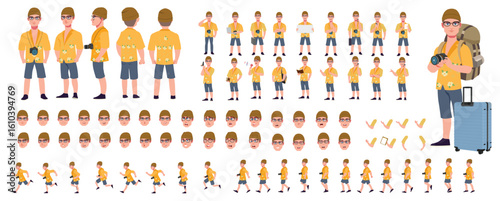 Traveler character model sheet, Character poses, expressions, Walk cycle, Run cycle animated character sequences.