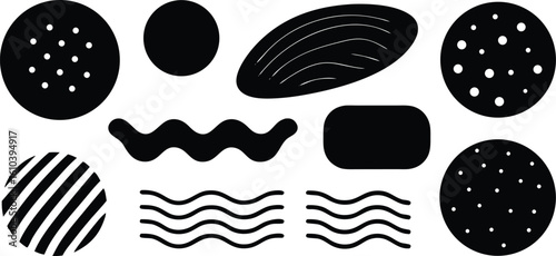 Vector art of a variety of black abstract shapes and patterns arranged on a clean transparent background.