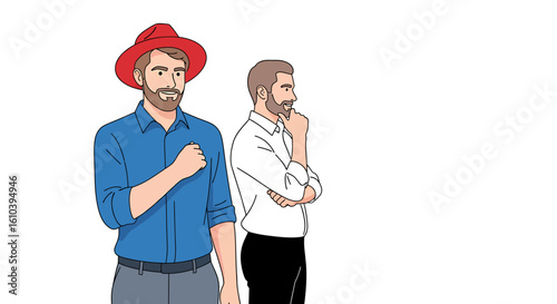 Illustration of two men standing pondering and thinking on white background