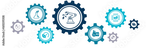 Sustainable production vector illustration. Green concept with icons related to eco-friendly manufacturing, clean / environmentally friendly factory or assembly, zero emission / pollution.