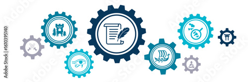 History / archaeology / archeology vector illustration. Concept with icons related to science class, school, historical events, knowledge or education, or study of ancient culture.