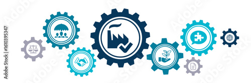 CSR / ISO vector illustration. Concept with icons related to corporate social responsibility, corporate self regulation or corporate conscience, ethics or values, company policy & standards.