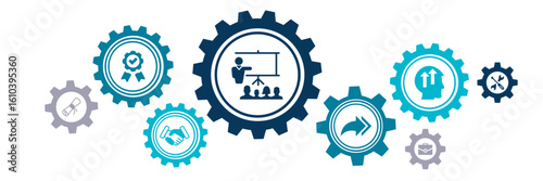 Apprenticeship / traineeship vector illustration. Blue banner related to apprentice, intern or trainee mentoring program, job training or coaching, training on the job, vocational / practical learning