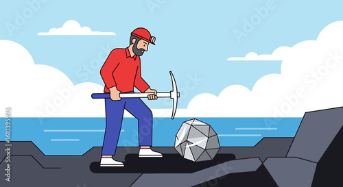 Miner working with pickaxe striking rock illustration under bright sky