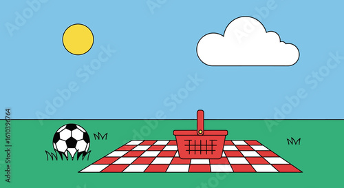 Picnic scene illustration soccer ball basket blanket sun outdoor fun