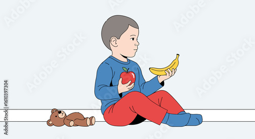 Toddler holding apple and banana minimalist healthy eating illustration