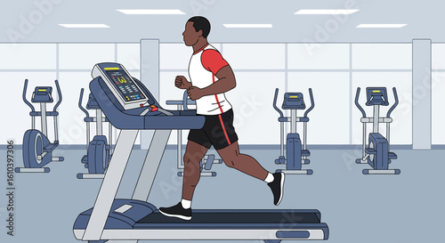Treadmill run vector illustration person exercising indoors in gym