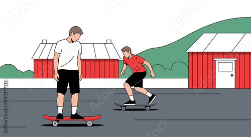 Two skateboarders enjoying sunny day outdoors minimalist illustration