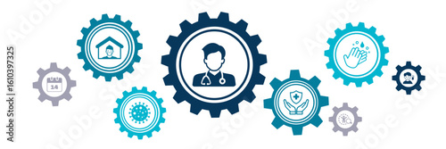 Quarantine vector illustration. Concept with connected icons related to isolation, social distancing, travel restriction during the corona virus outbreak.