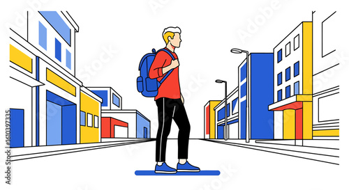 Urban scene illustration of man with backpack on city street modern art