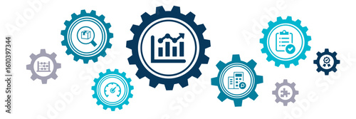 lean management vector illustration. Concept with connected icons related to six sigma or lean manufacturing process and performance improvement methods.